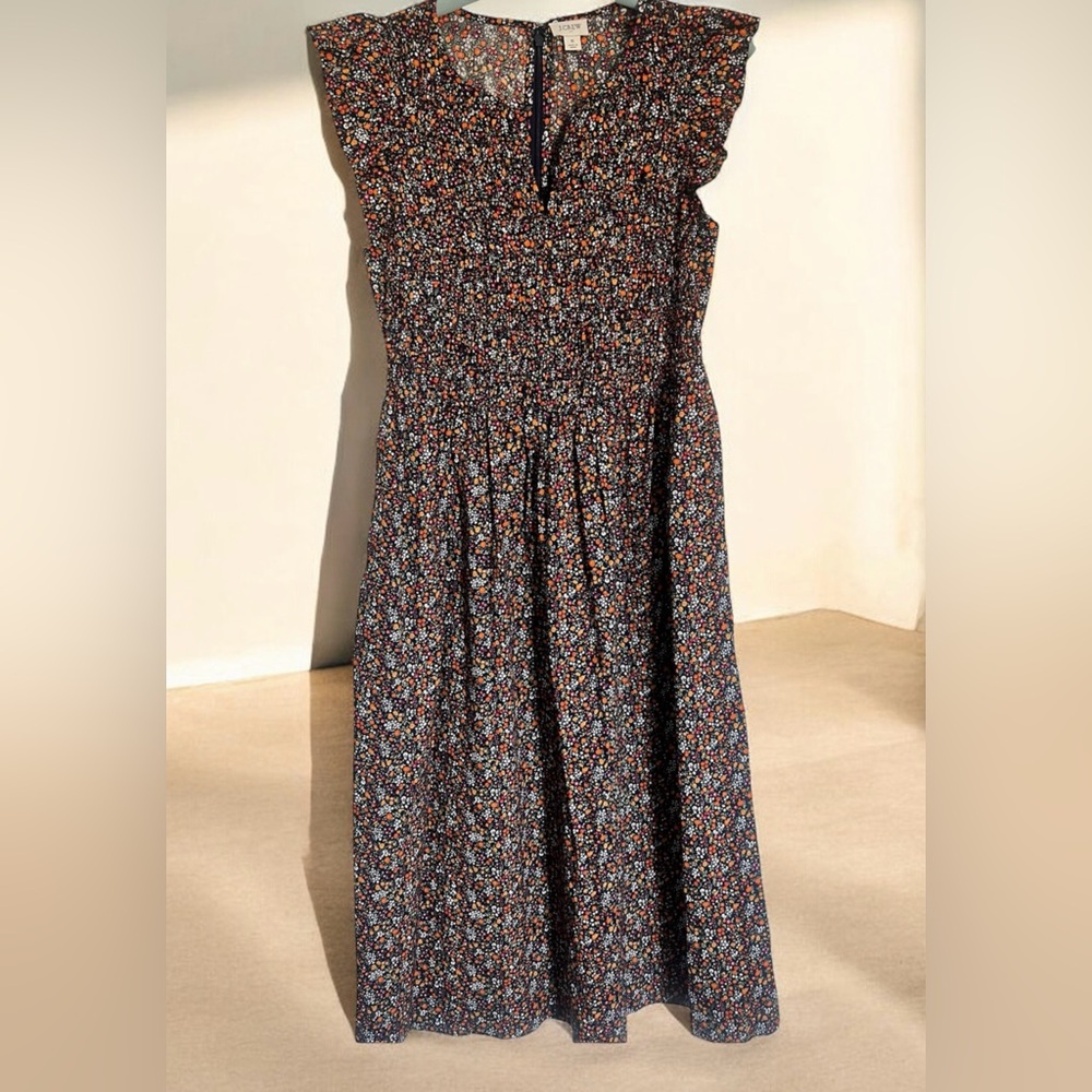 J.Crew Navy Floral Smocked Midi Dress Flutter Sleeve Cottagecore S